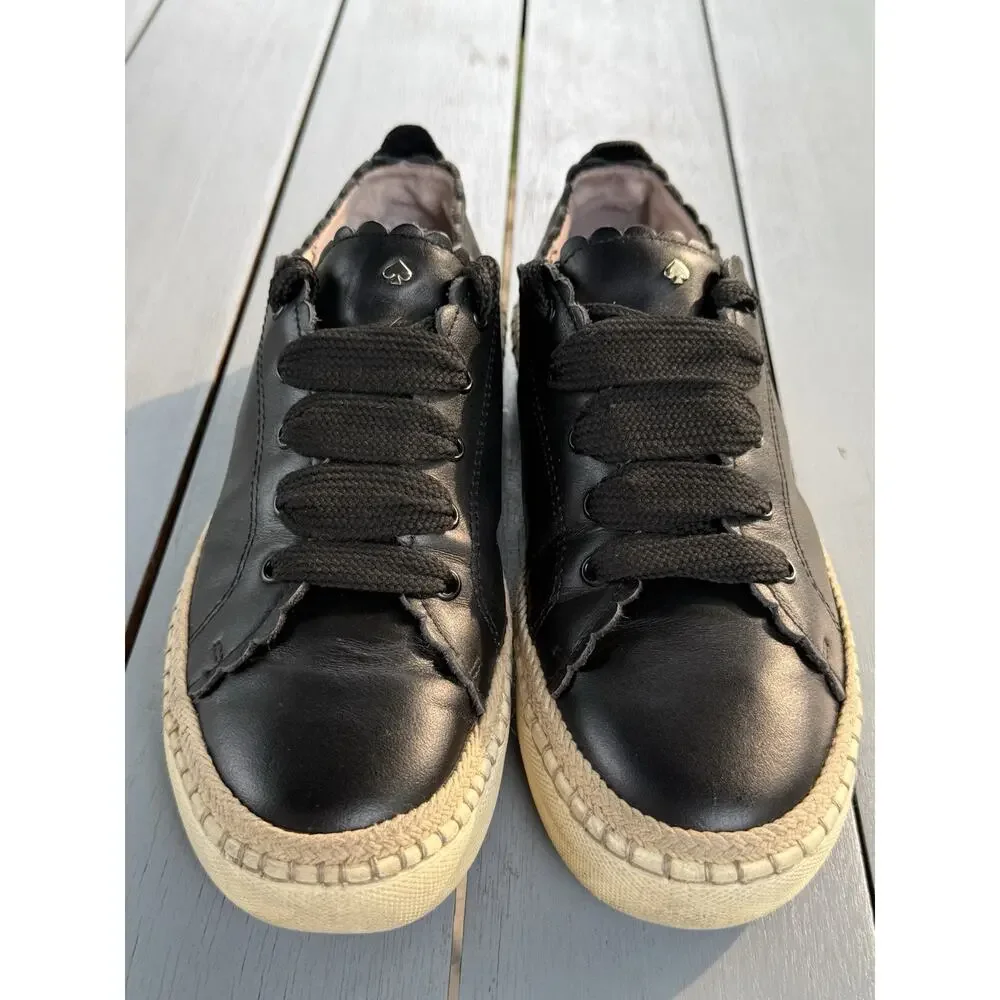 Kate Spade Lena Black Leather Scalloped Espadrille Sneakers Women Size 8M